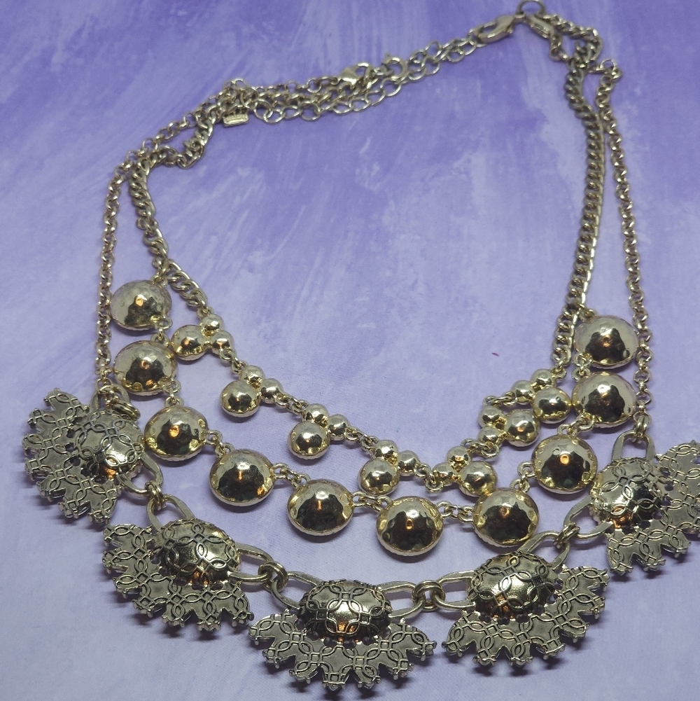 Layered Rhinestone Triple Chain Statement Necklace Gold Tone - Picture 8 of 8